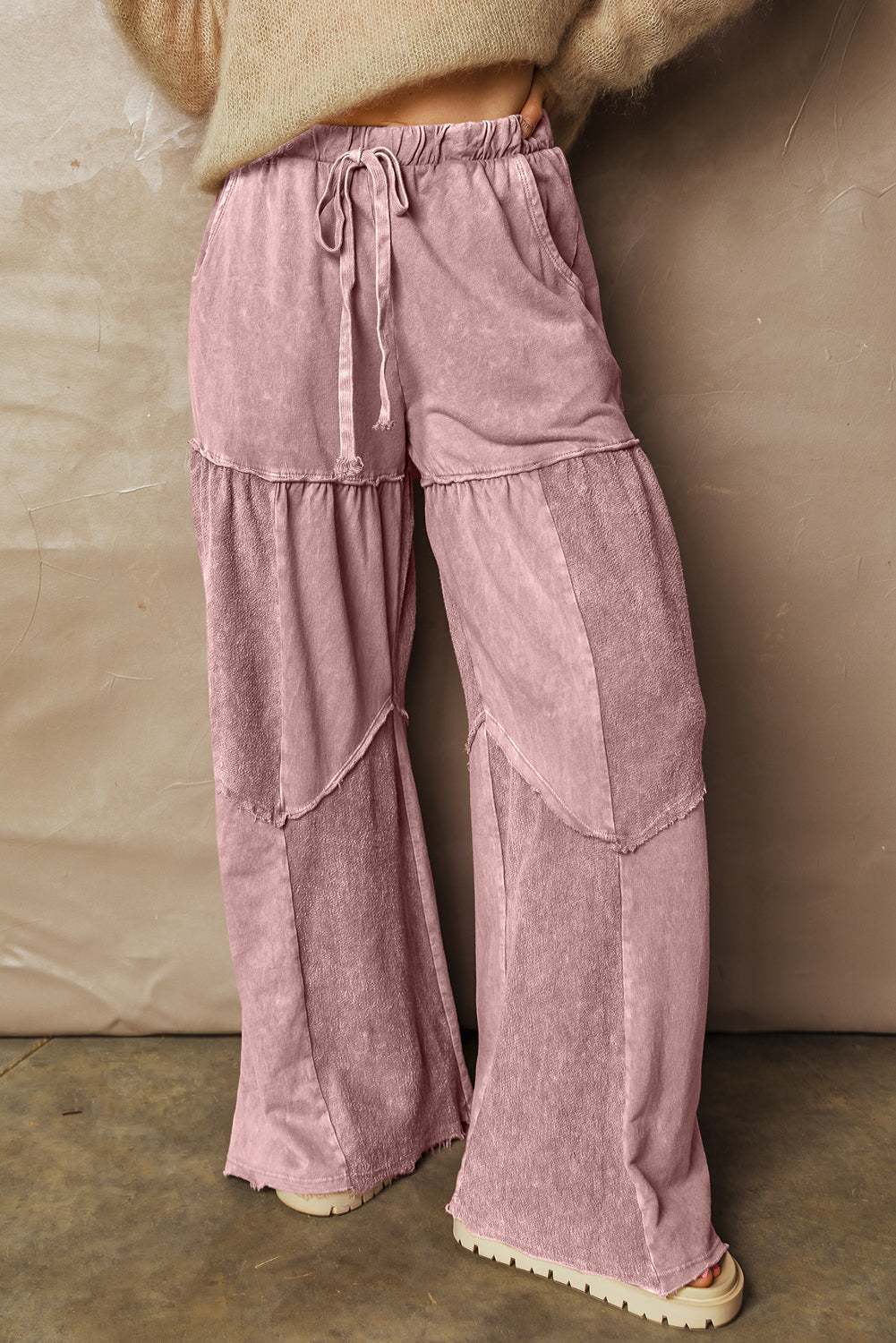 Straw Yellow Mineral Wash Tiered Wide Leg Patchwork Drawstring Pants