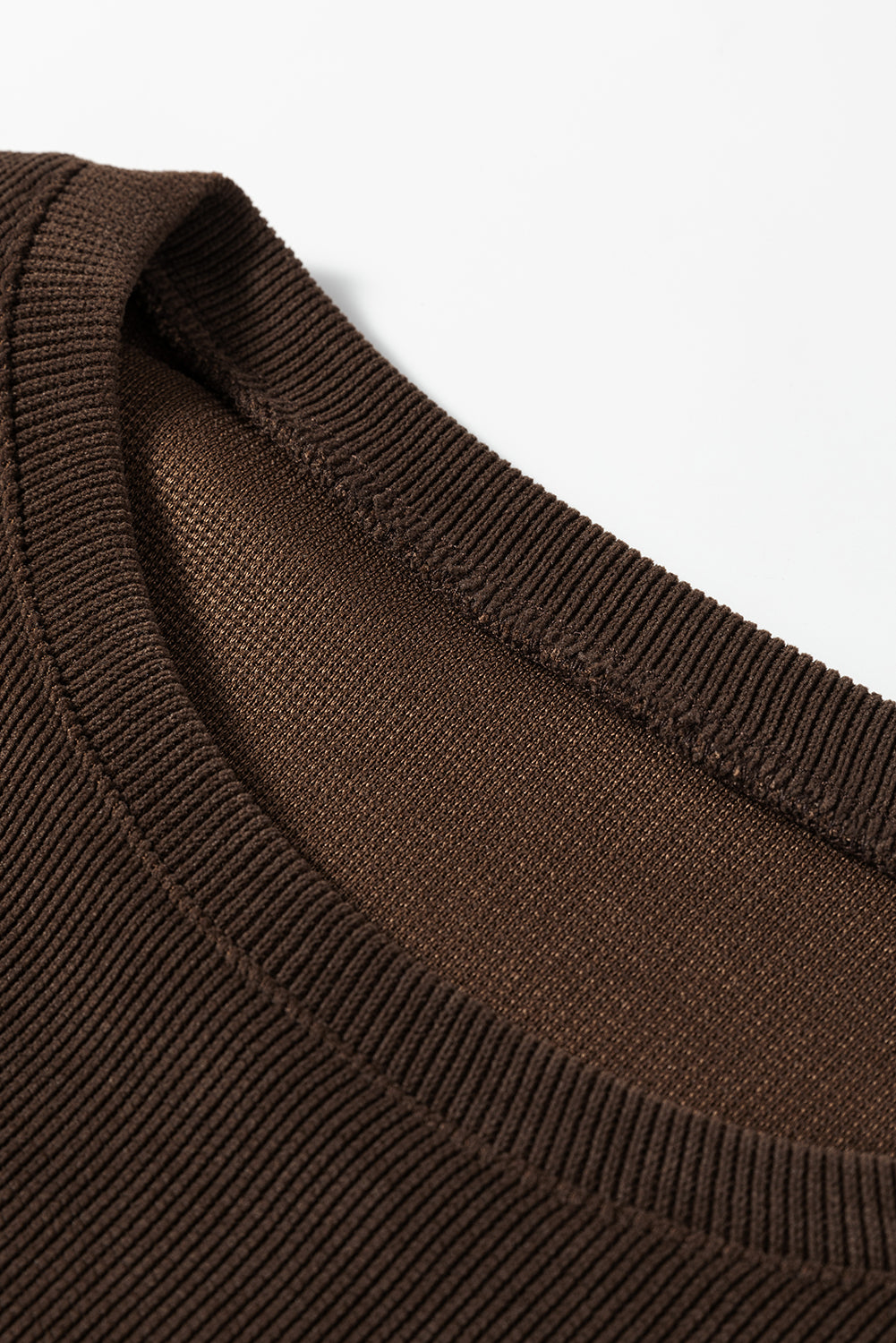 Dark Brown Solid Color Textured Knit Drop Shoulder Pullover Drawstring Shorts Set