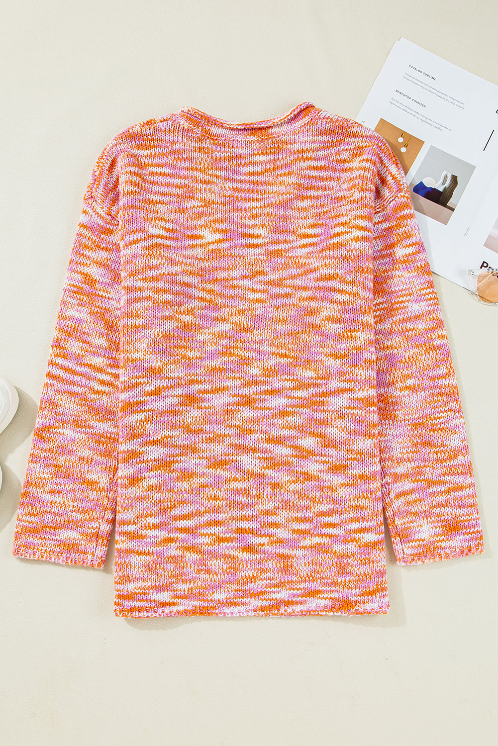 Orange Vibrant Abstract Print Drop Shoulder V Neck Tunic Oversized Sweater