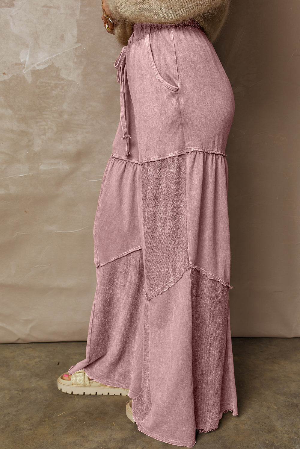 Straw Yellow Mineral Wash Tiered Wide Leg Patchwork Drawstring Pants