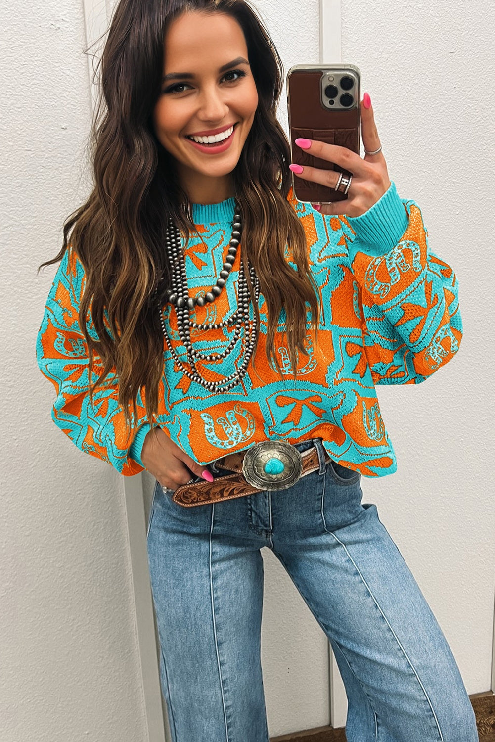 Light Blue Bows & Horseshoes Pattern Western Fashion Print Sweater