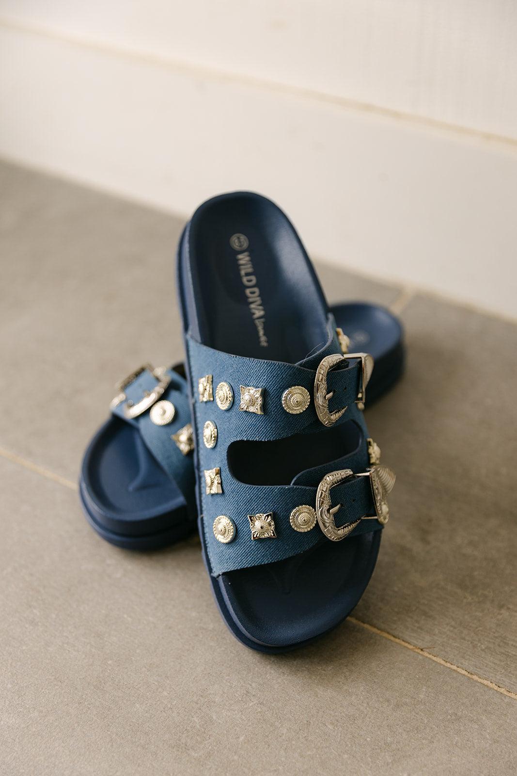 SALE The Willow Western Slides in Denim