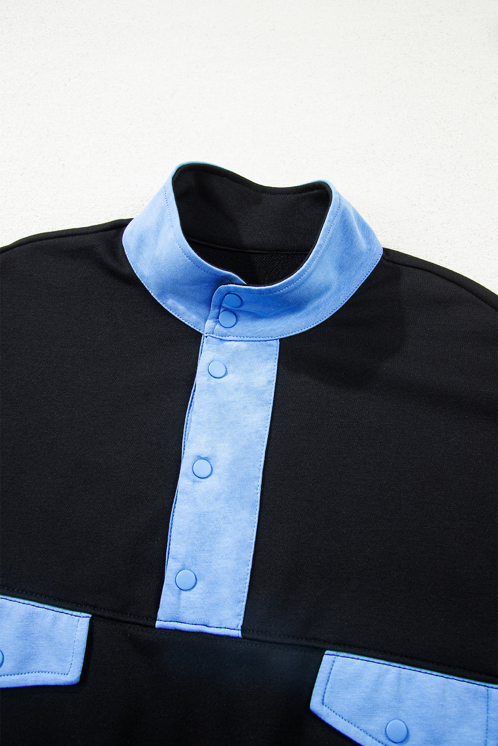 Black Color Block Patchwork Half Button Pullover and Shorts 2pcs Outfit