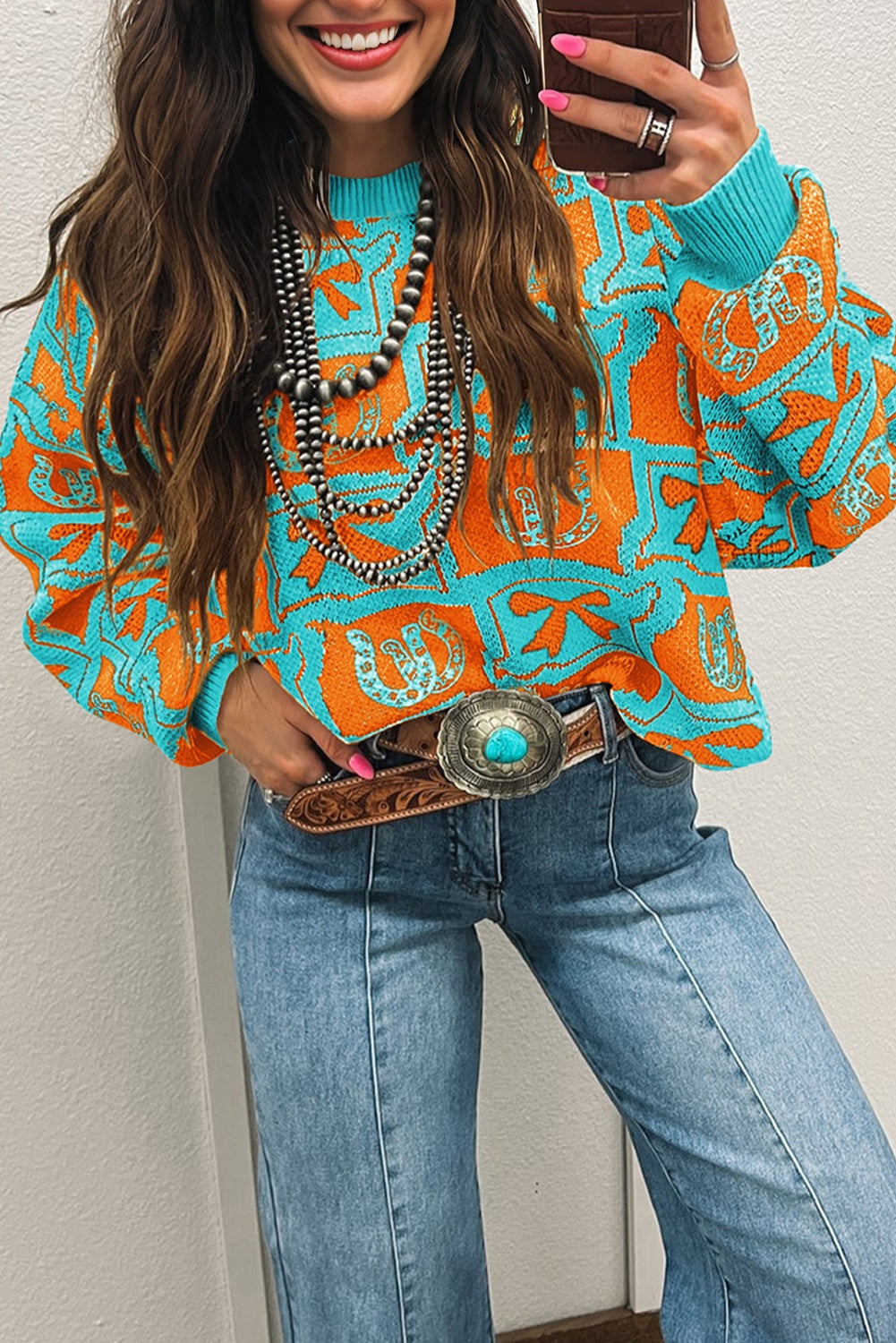 Light Blue Bows & Horseshoes Pattern Western Fashion Print Sweater