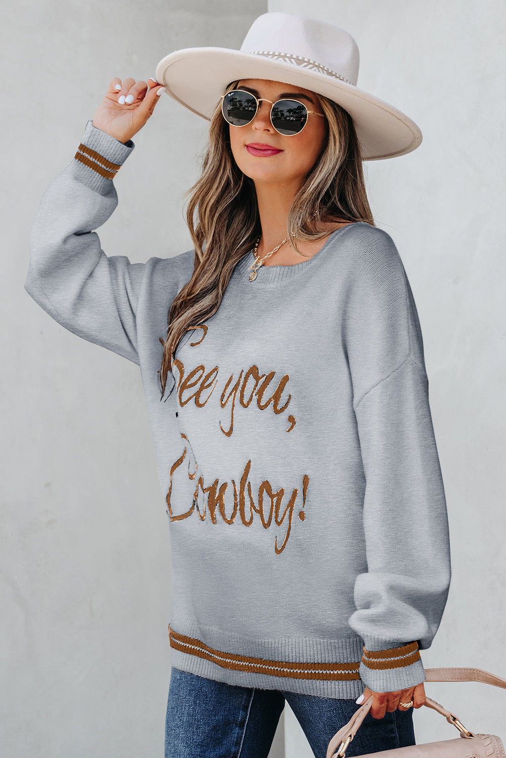 Light Grey See You Cowboy Embroidered Western Graphic Sweater