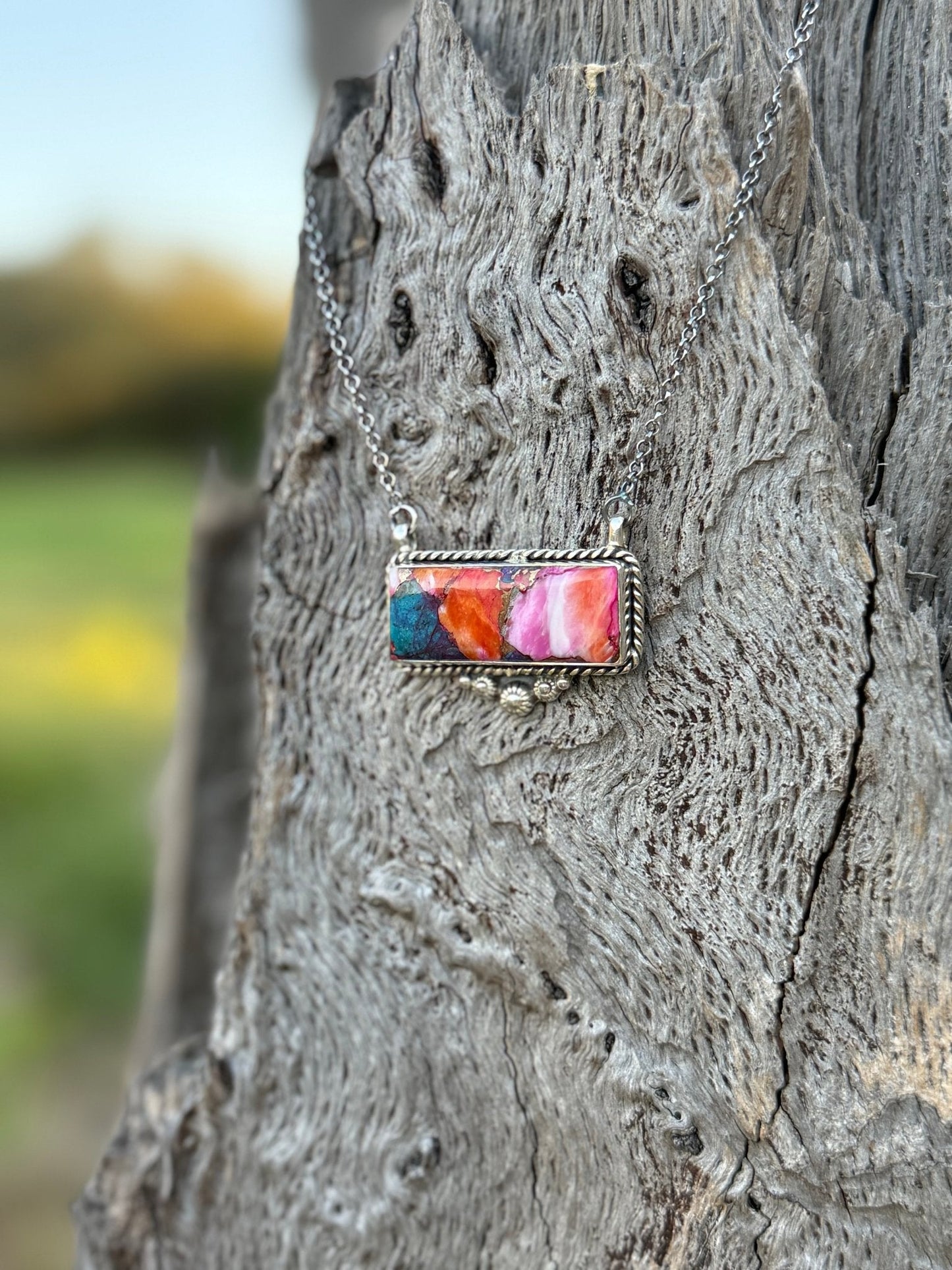 Pink Dahlia Turquoise Bar Necklace