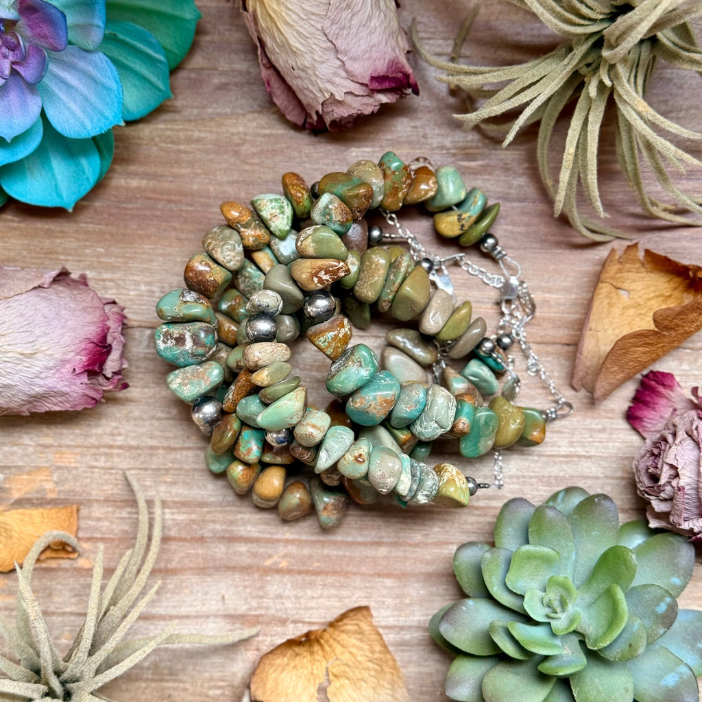 Green Turquoise Nugget Bracelet with Sterling Silver Pearls – 7” + Extender