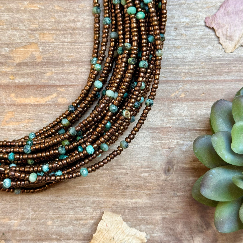 Turquoise & Copper Glass Bead Choker 14”