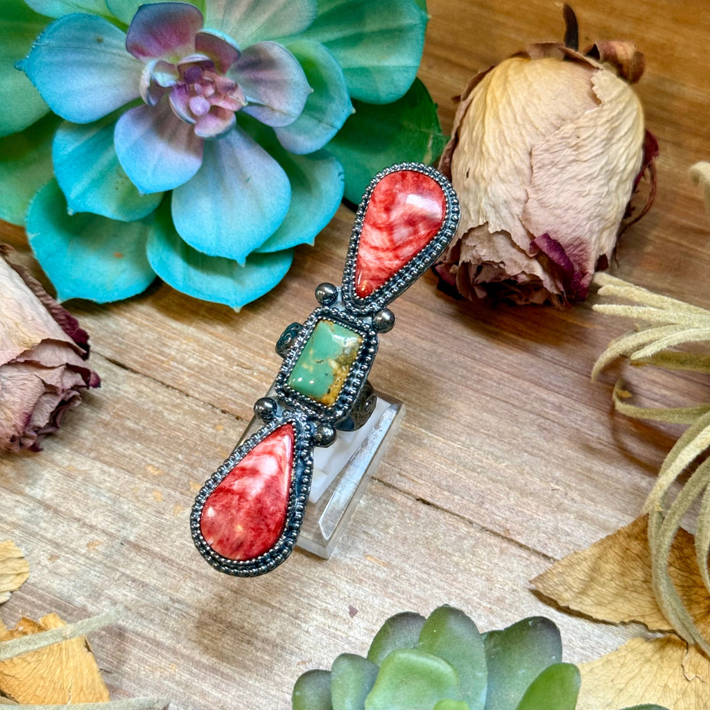 MJ Red Spiny & Green Turquoise Adjustable Ring