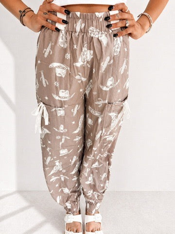 Khaki Western Print Drawstring Jogger