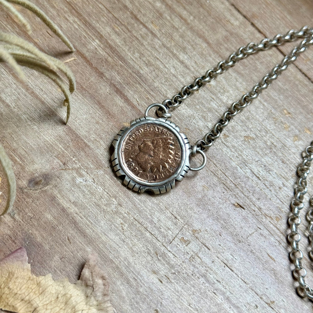 91 - Sterling Silver Indian Head Penny Hand-Filed Frame Fixed Chain Necklace by Jason Ogg