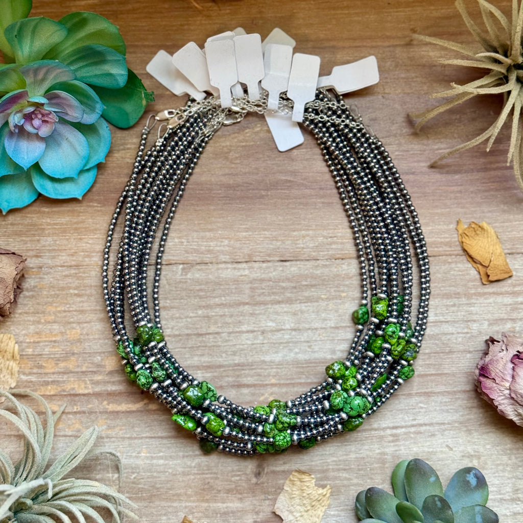Green Nugget Turquoise & Sterling Silver Pearl Necklace