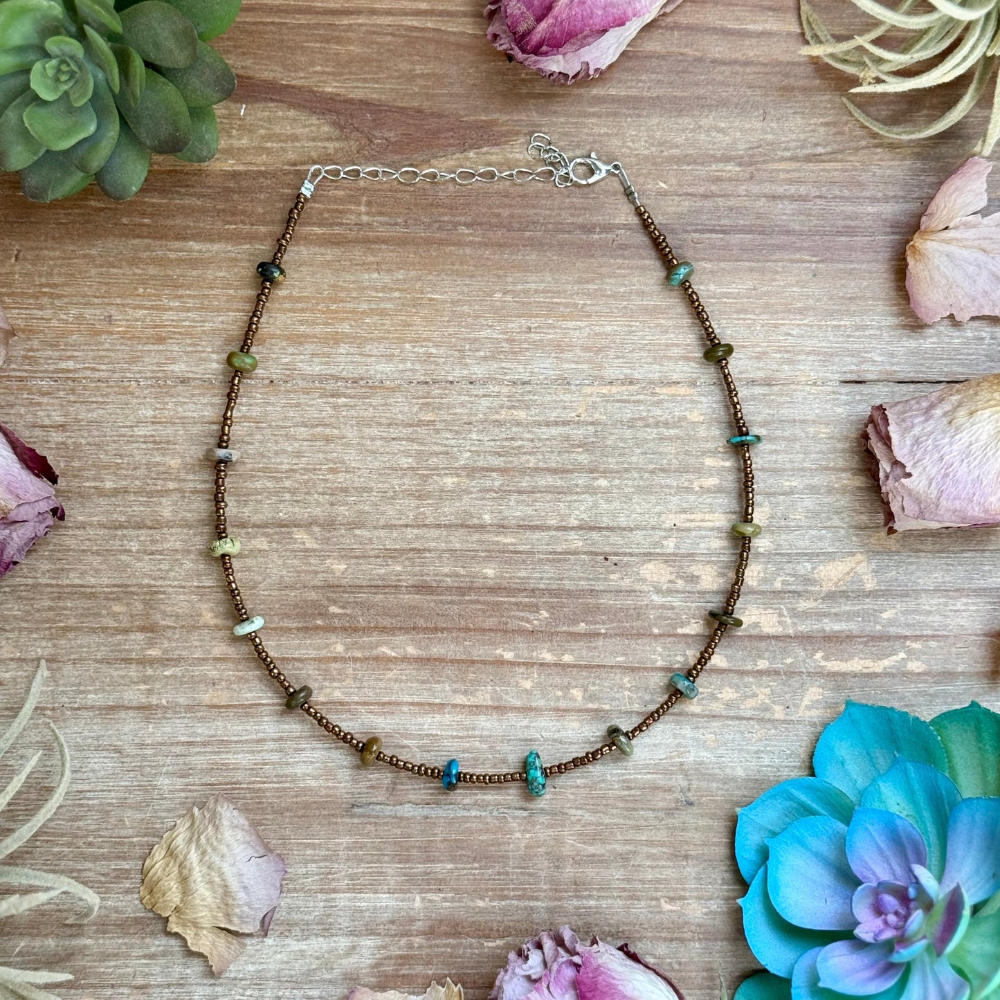 14” Bronze Seed Bead Necklace with Real Turquoise rondelle