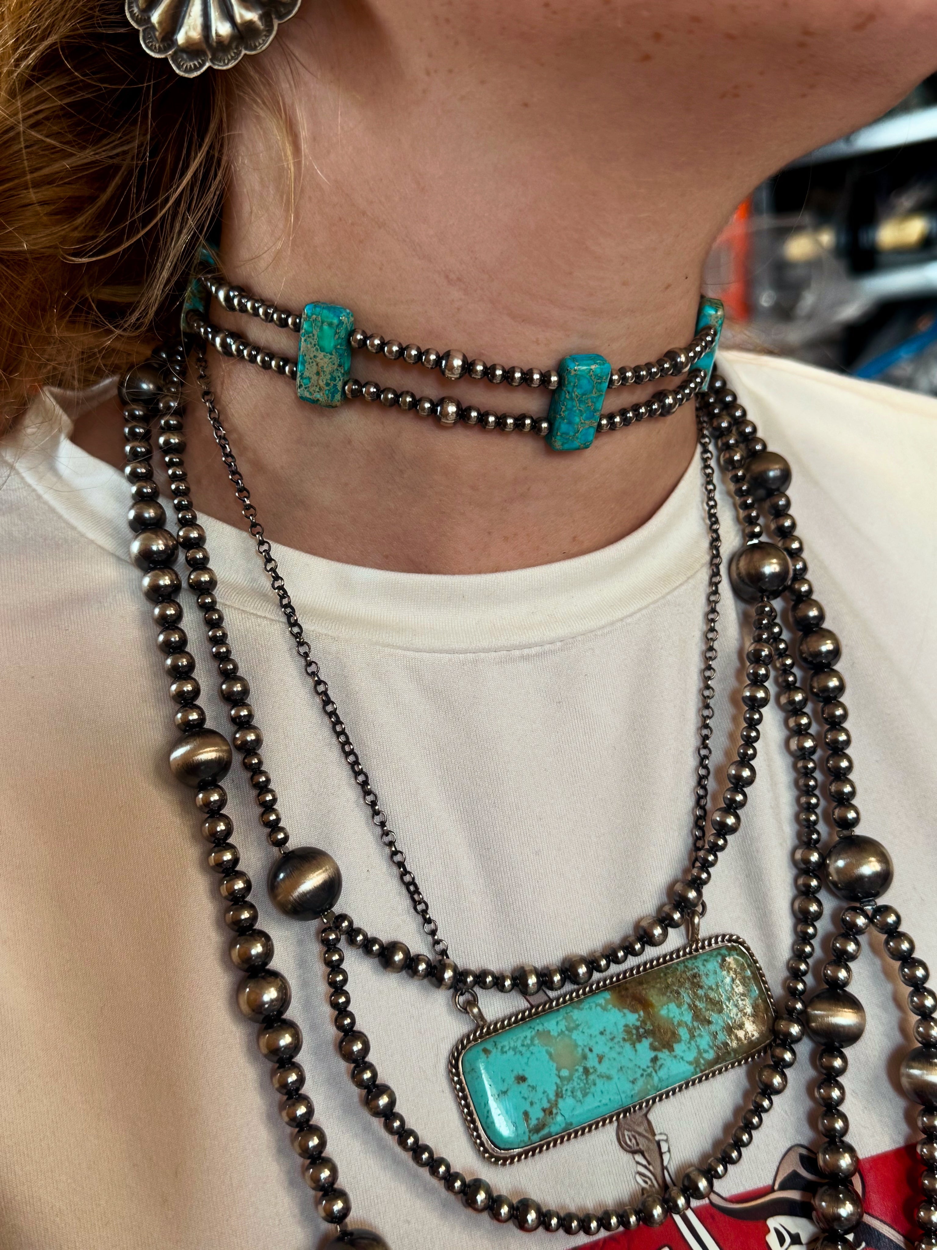 Green Double Strand Necklace – 13” Beaded – Sterling Silver Pearls & Rectangle Variscite