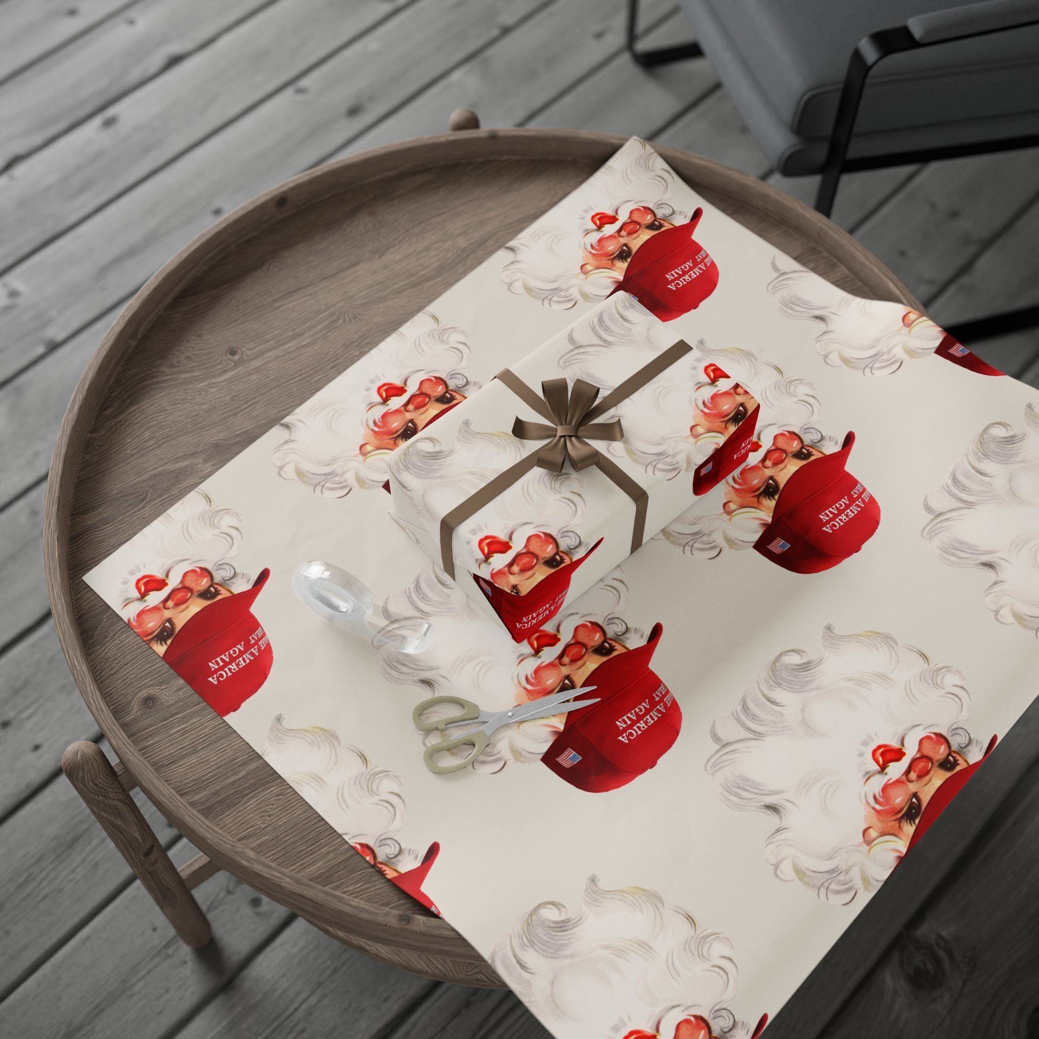 Retro MAGA Trump Santa Wrapping Paper Roll — Cream Background Holiday Gift Wrap with ‘Merry Everything’ Red Hat Design