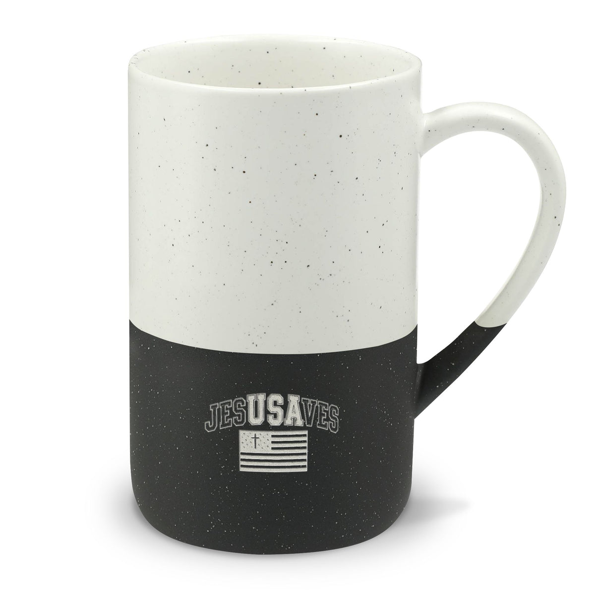 Speckled Two-Tone Ceramic Mug — 13oz Engraved "JESUS SAVES" Design