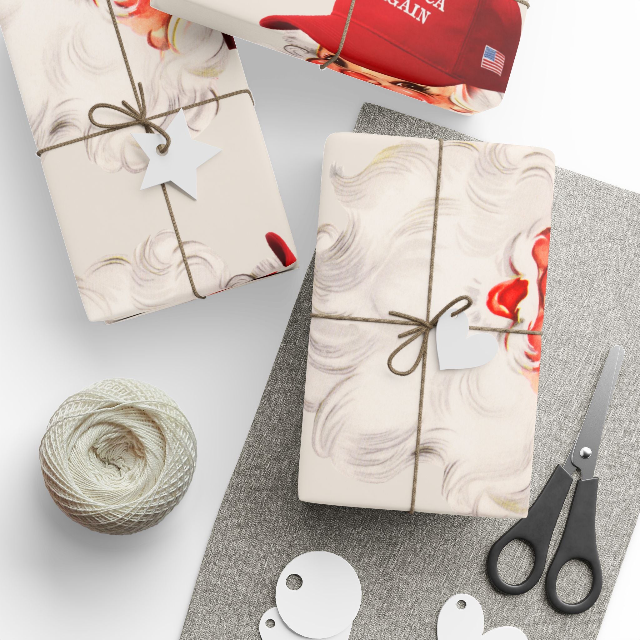 Retro MAGA Trump Santa Wrapping Paper Roll — Cream Background Holiday Gift Wrap with ‘Merry Everything’ Red Hat Design