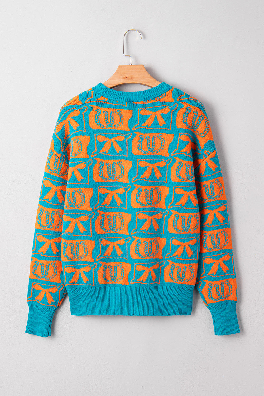 Light Blue Bows & Horseshoes Pattern Western Fashion Print Sweater