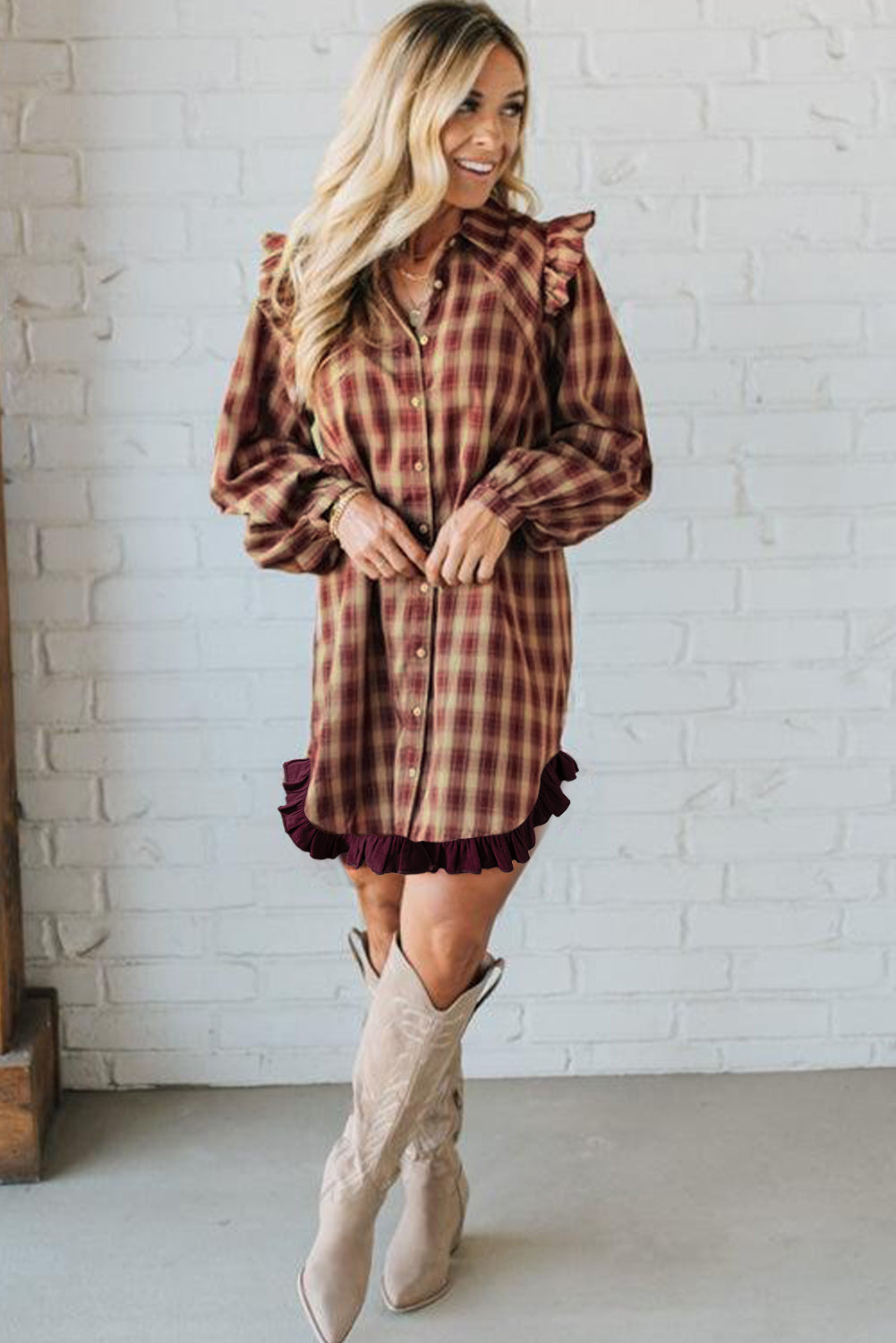 Red Plaid Print Ruffled Long Sleeve Patchwork Hem Mini Shirt Dress