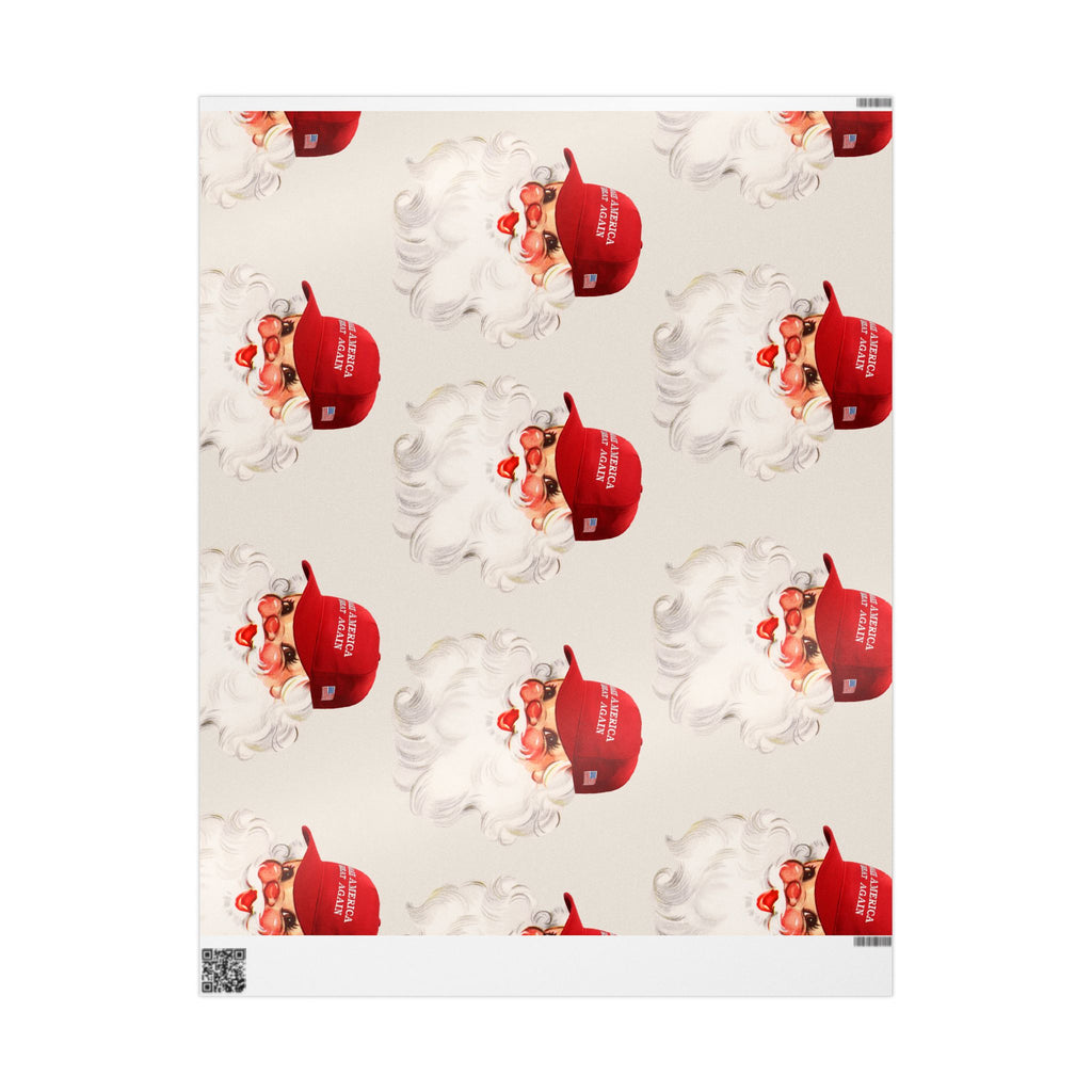 Retro MAGA Trump Santa Wrapping Paper Roll — Cream Background Holiday Gift Wrap with ‘Merry Everything’ Red Hat Design