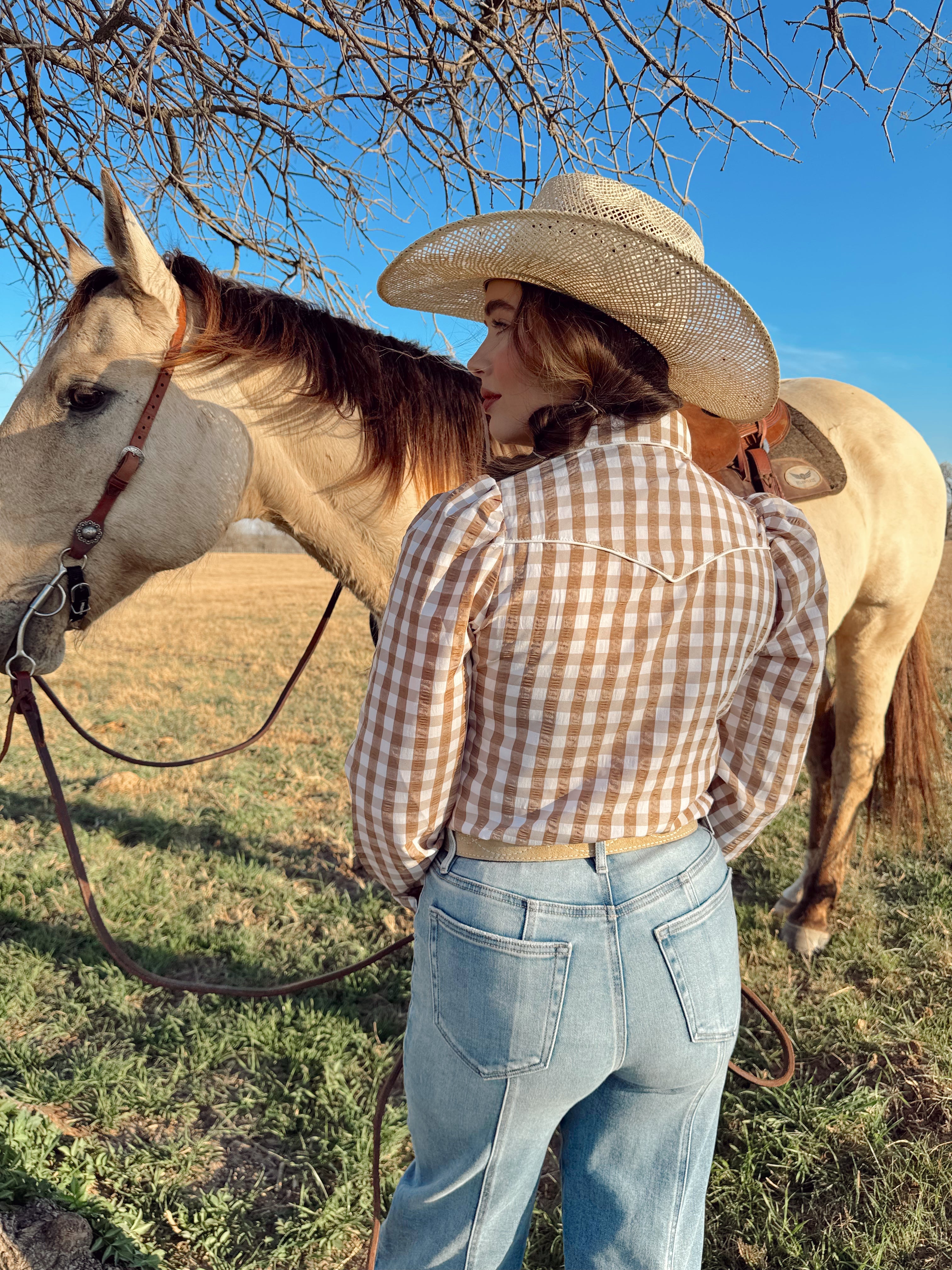 The Tan Gingham Pearl Snap Top- Extra Large
