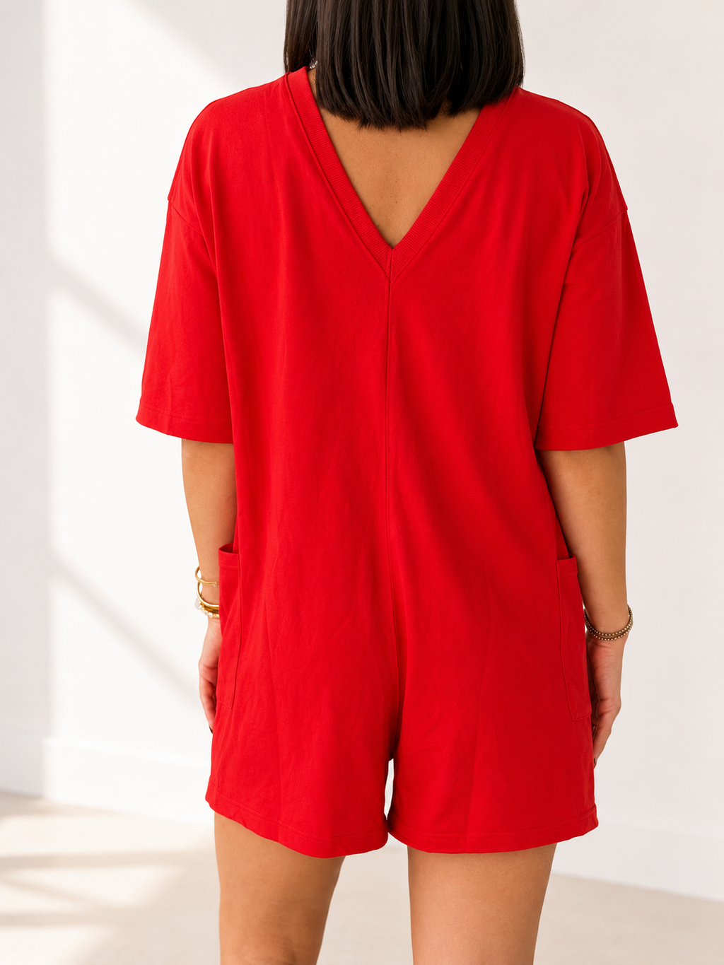 Fiery Red Solid Color Raw Edge Half Sleeve Pocketed Loose Romper