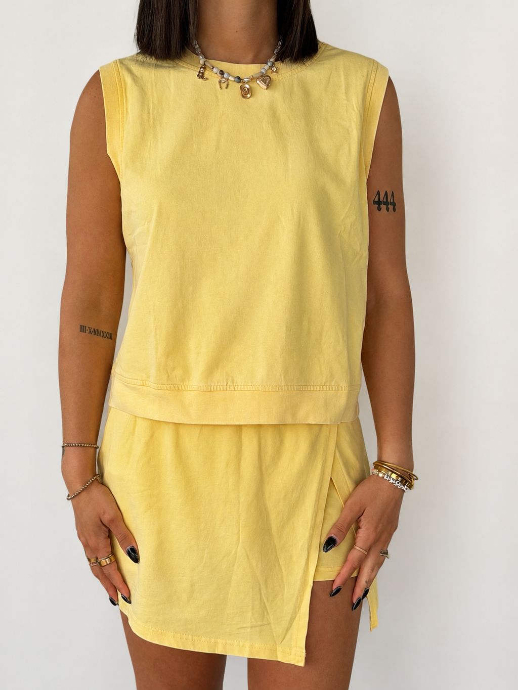 Yellow Two Piece Mineral Wash Cotton Tank Top & Lined Split Skirt Set