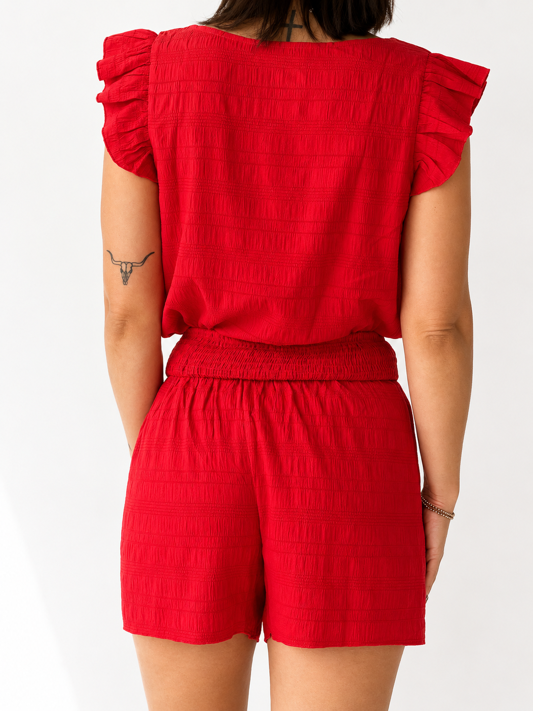 Fiery Red Textured Square Neck Top and Shirred High Waist Shorts Set