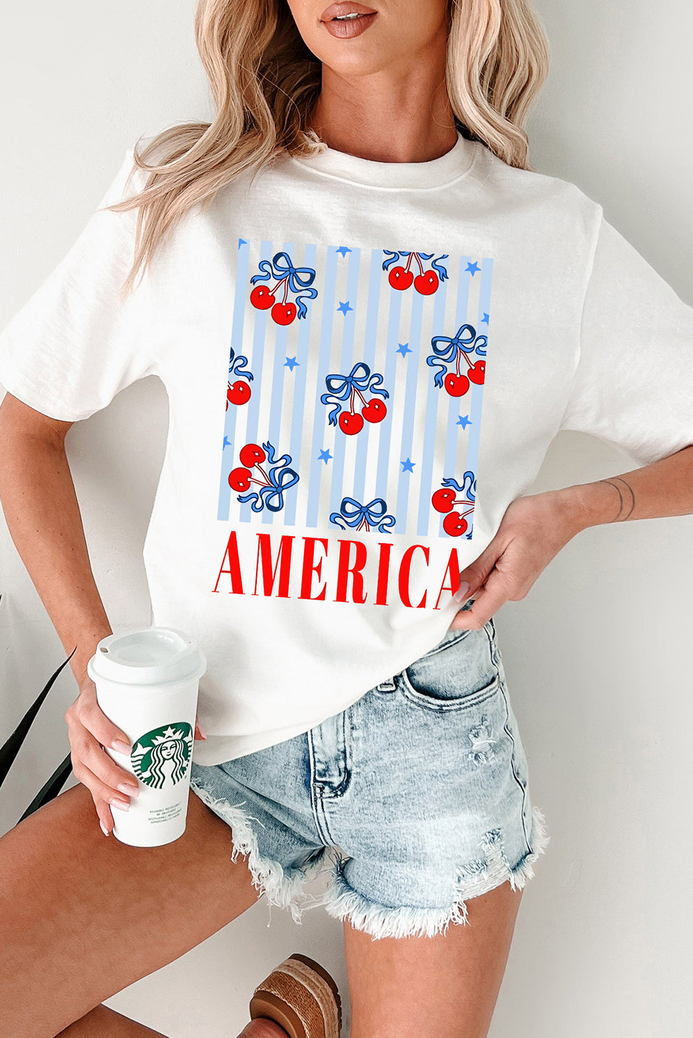 White Bow Cherry AMERICA Graphic Crewneck Patriotic T Shirt