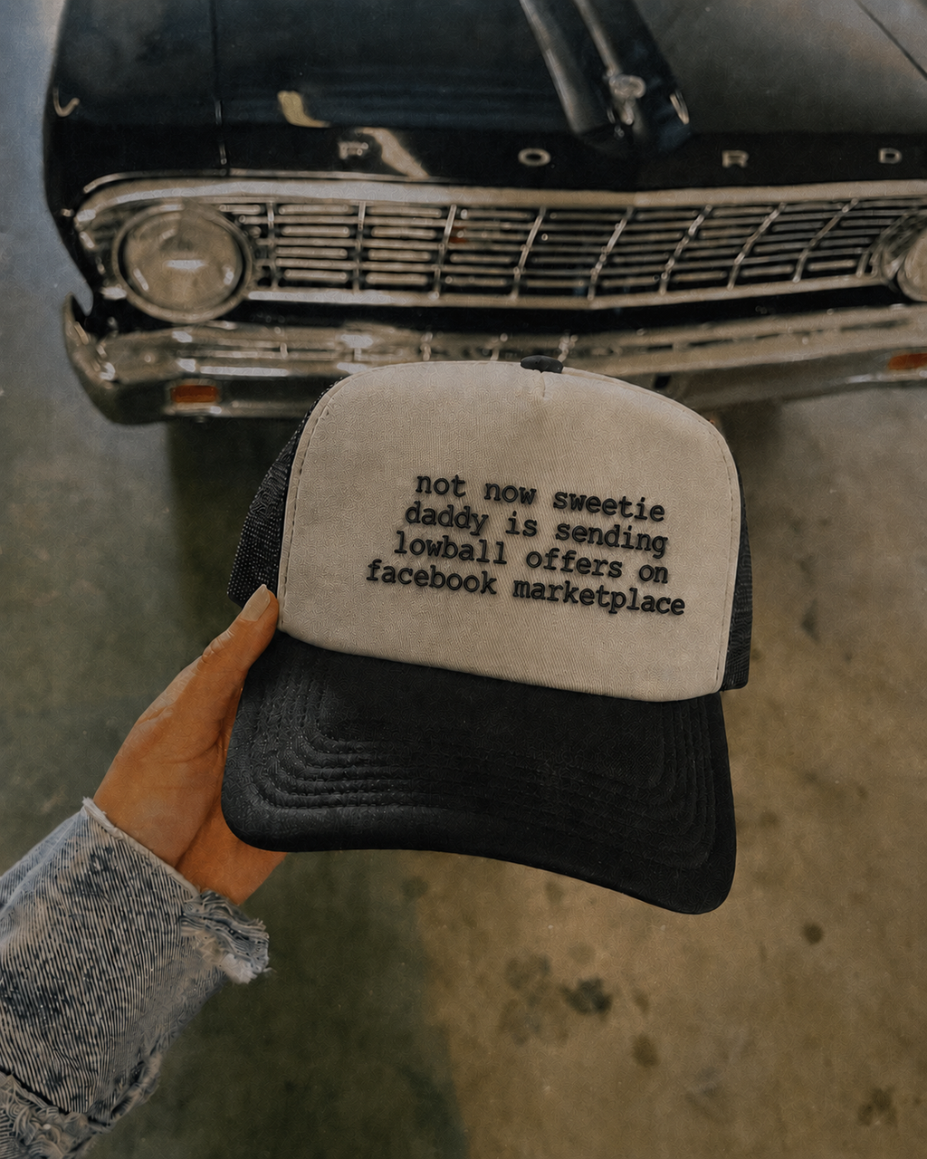 Embroidered Text Baseball Cap — “not now sweetie daddy is sending lowball offers on facebook marketplace”