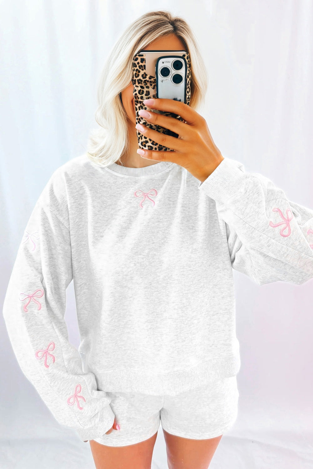 Light Grey Girly Bow Embroidered Detail Puff Sleeve Pullover 2pcs Short Set