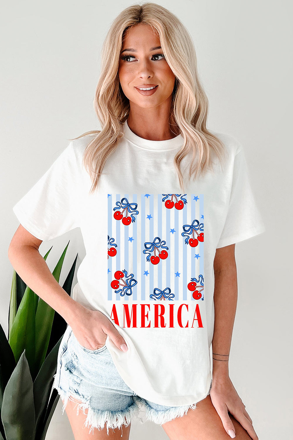 White Bow Cherry AMERICA Graphic Crewneck Patriotic T Shirt