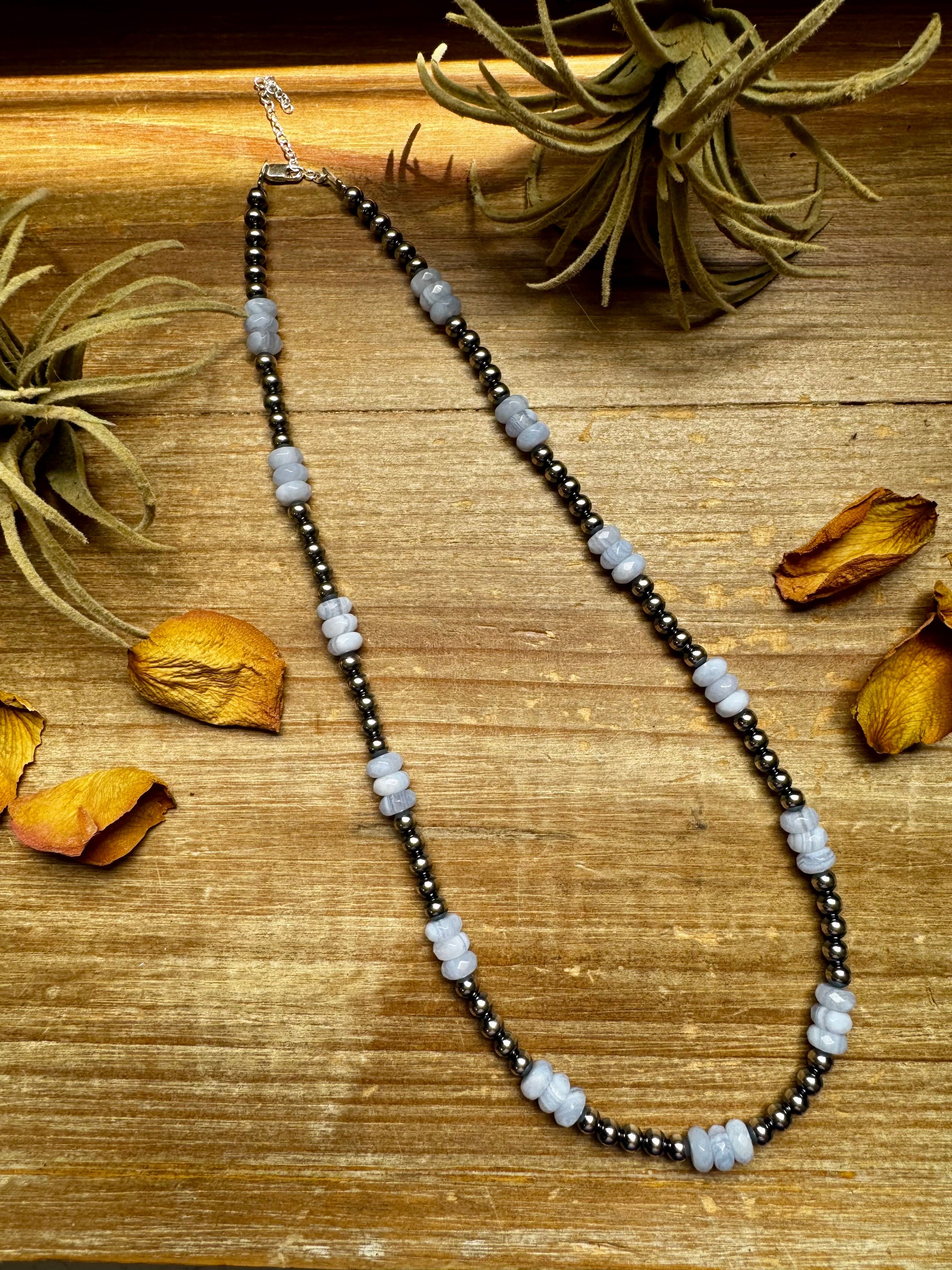 Blue Lace Agate & Sterling Silver Pearl Necklace – 20 ½” Plus Extender