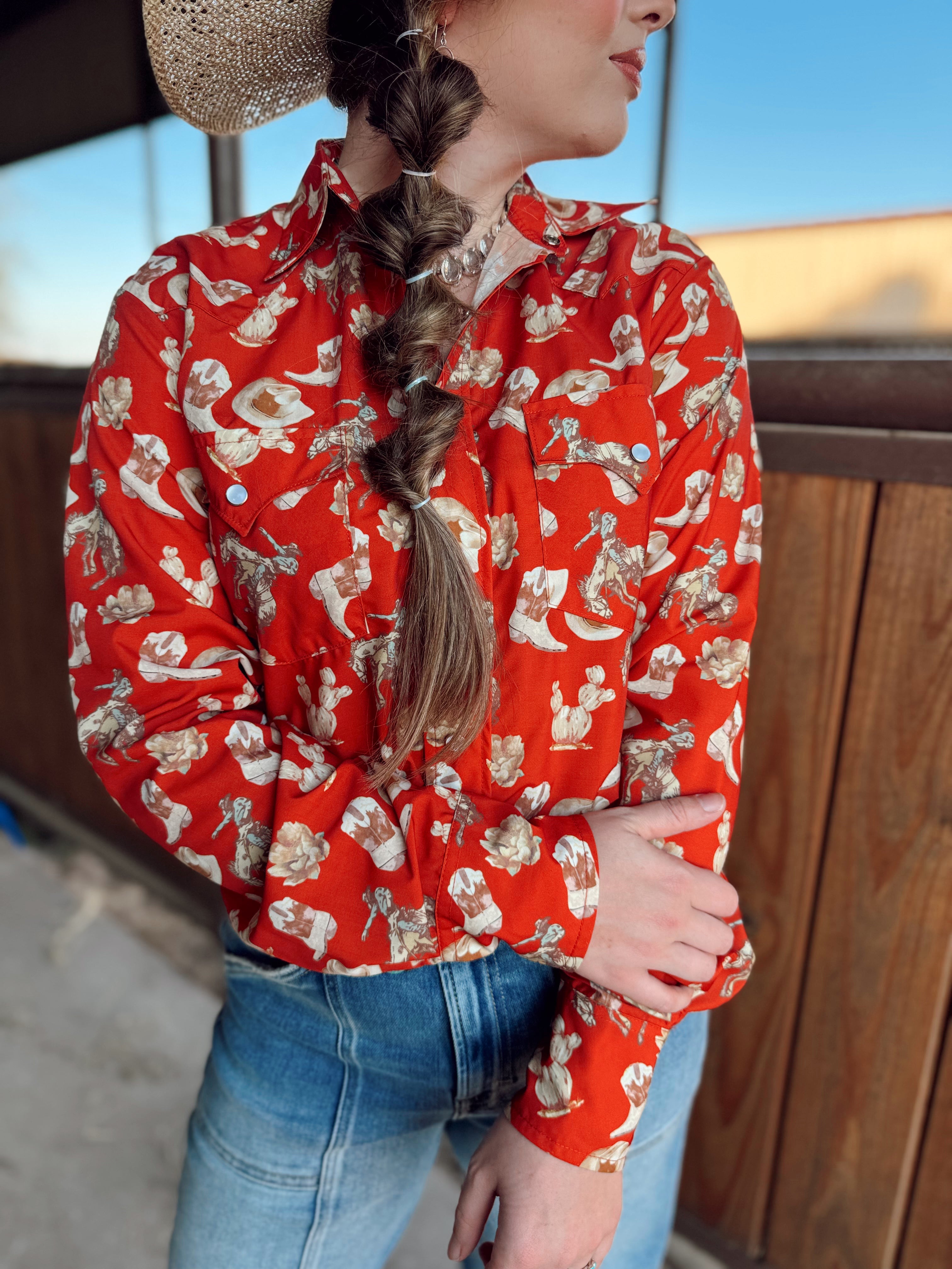 The Red Cactus Pearl Snap Top