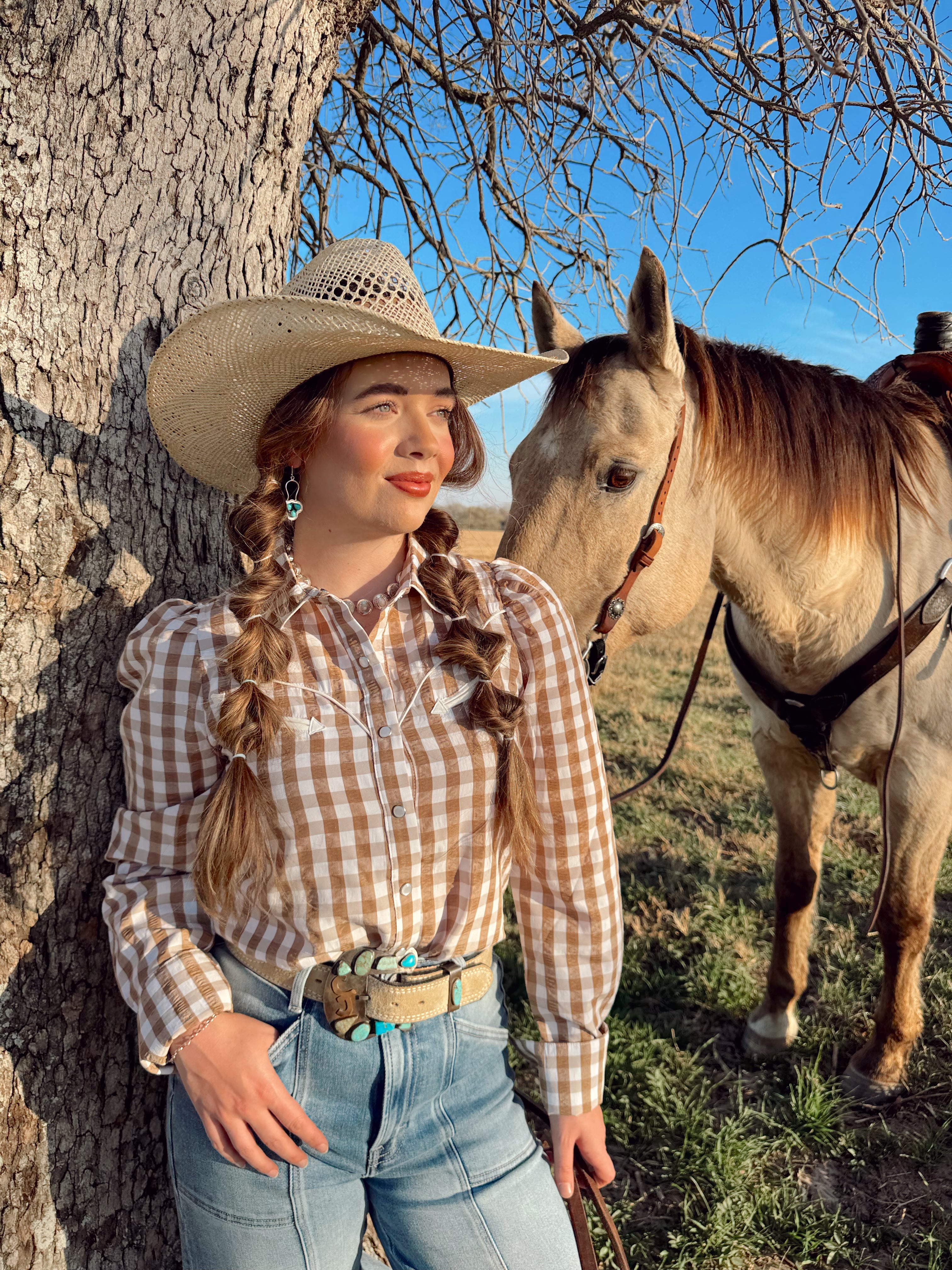 The Tan Gingham Pearl Snap Top- Extra Large