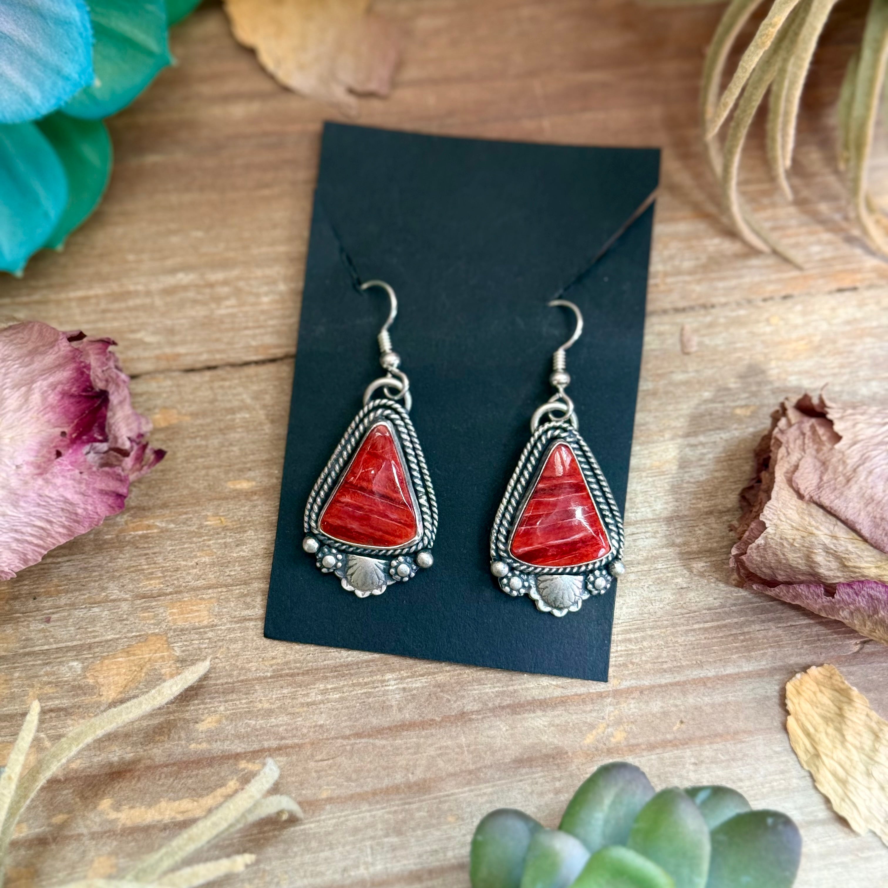 62 - Sterling Silver Red Spiny Oyster Dangle Earrings by Shay Pfeiffer