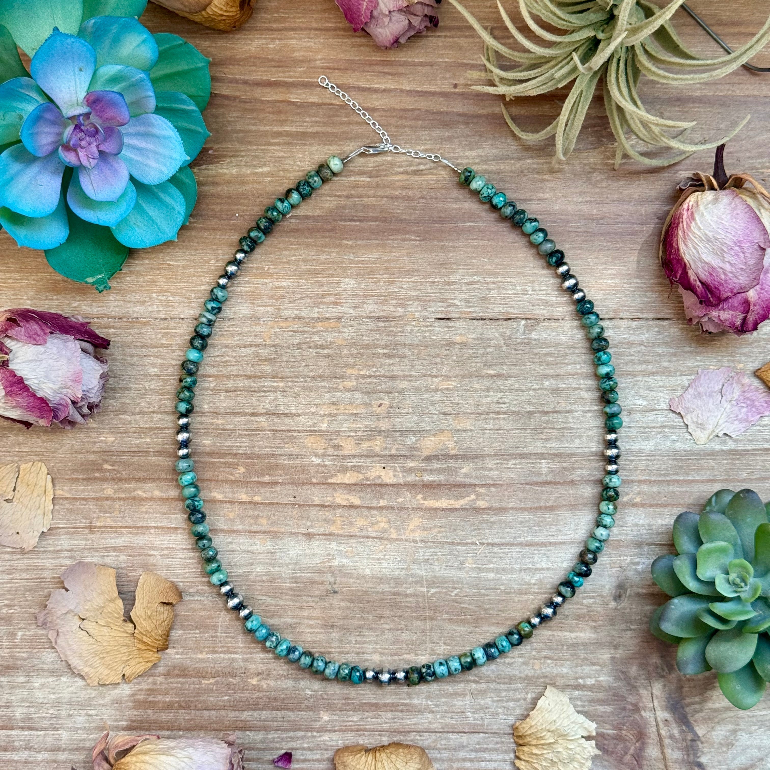 African Turquoise & Sterling Pearl Necklace 19”