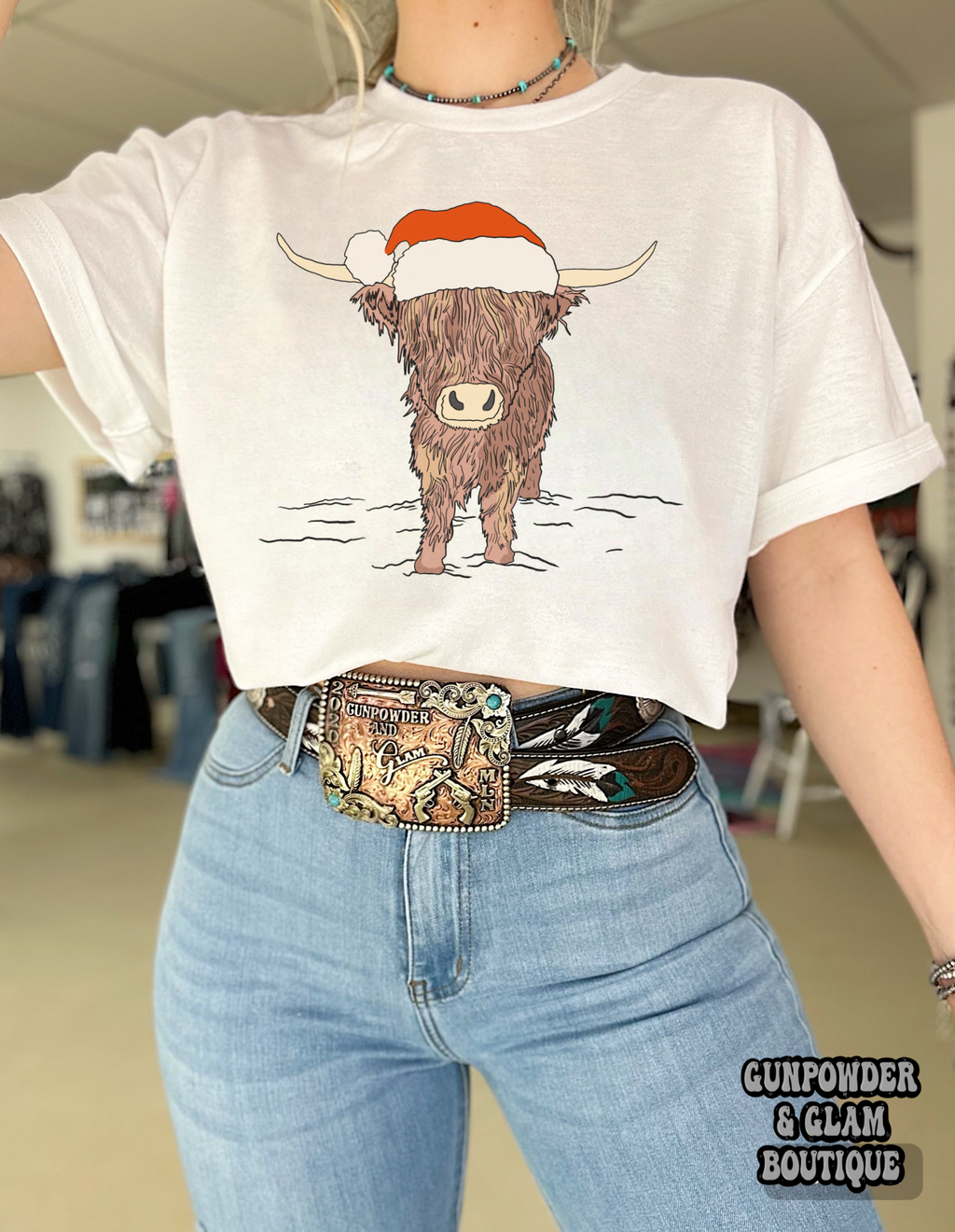 Highland Cow Santa Hat Tee or Crewneck
