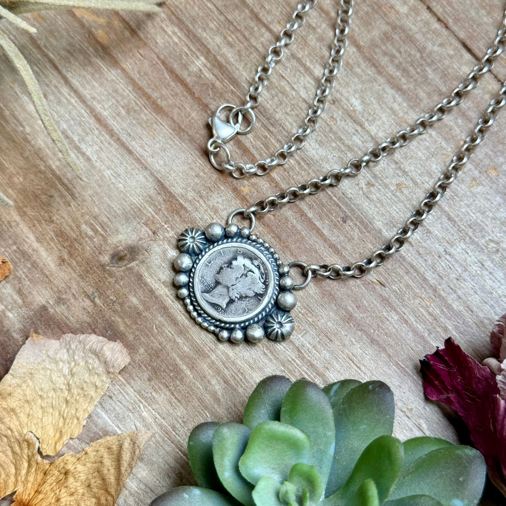 94 - Sterling Silver Mercury Dime Fixed Chain Necklace by Jason Ogg