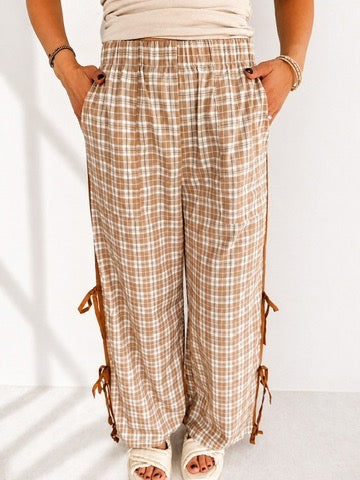 Chestnut Plaid Print Elastic Waist Bow Tie Joggers