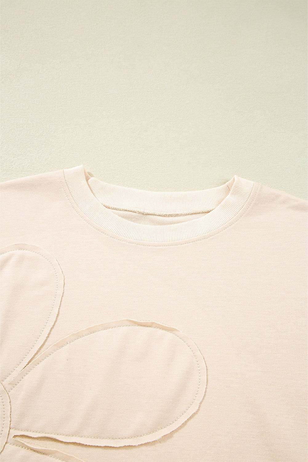 Beige Raw Edge Flower Patch Drop Shoulder Casual Top