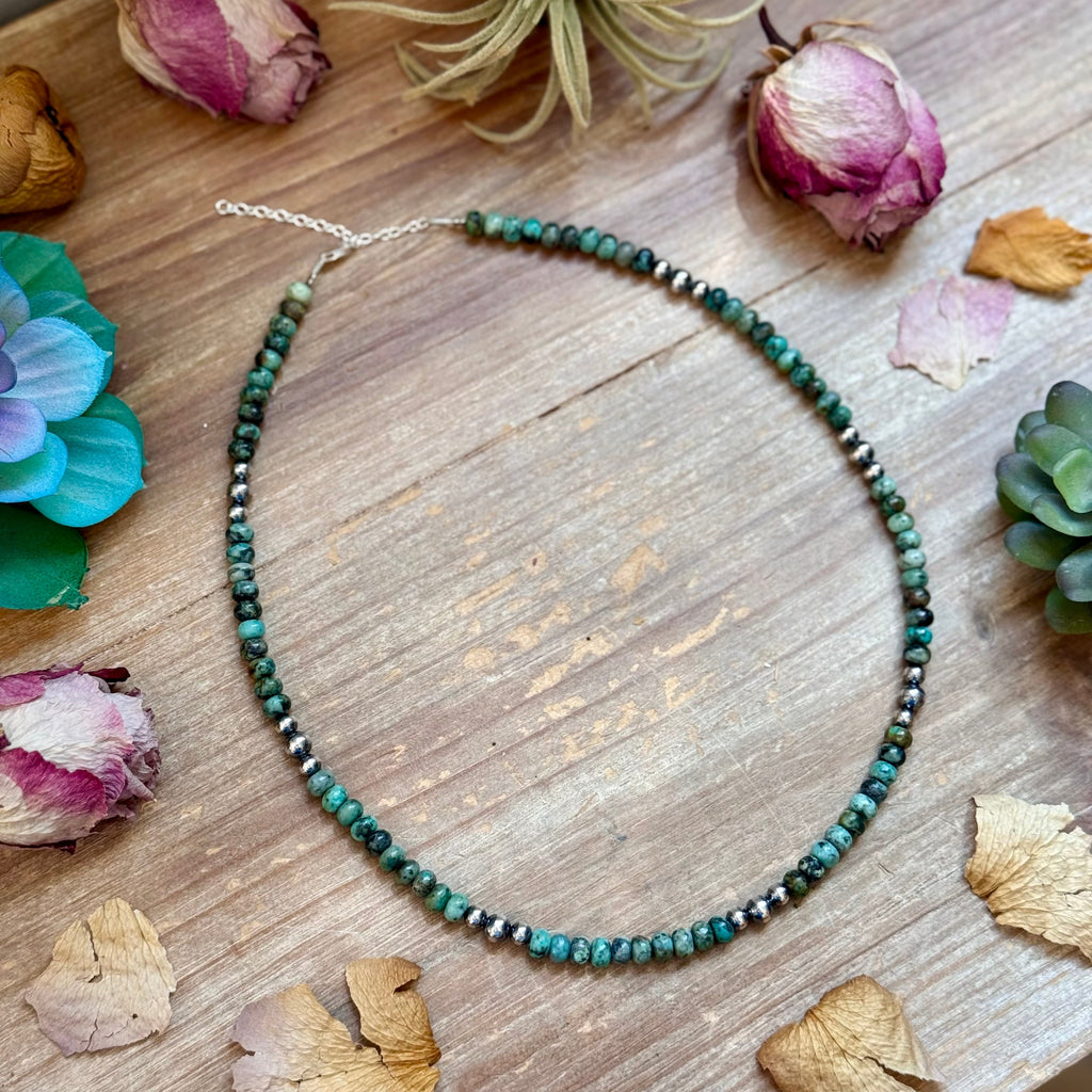 African Turquoise & Sterling Pearl Necklace 19”