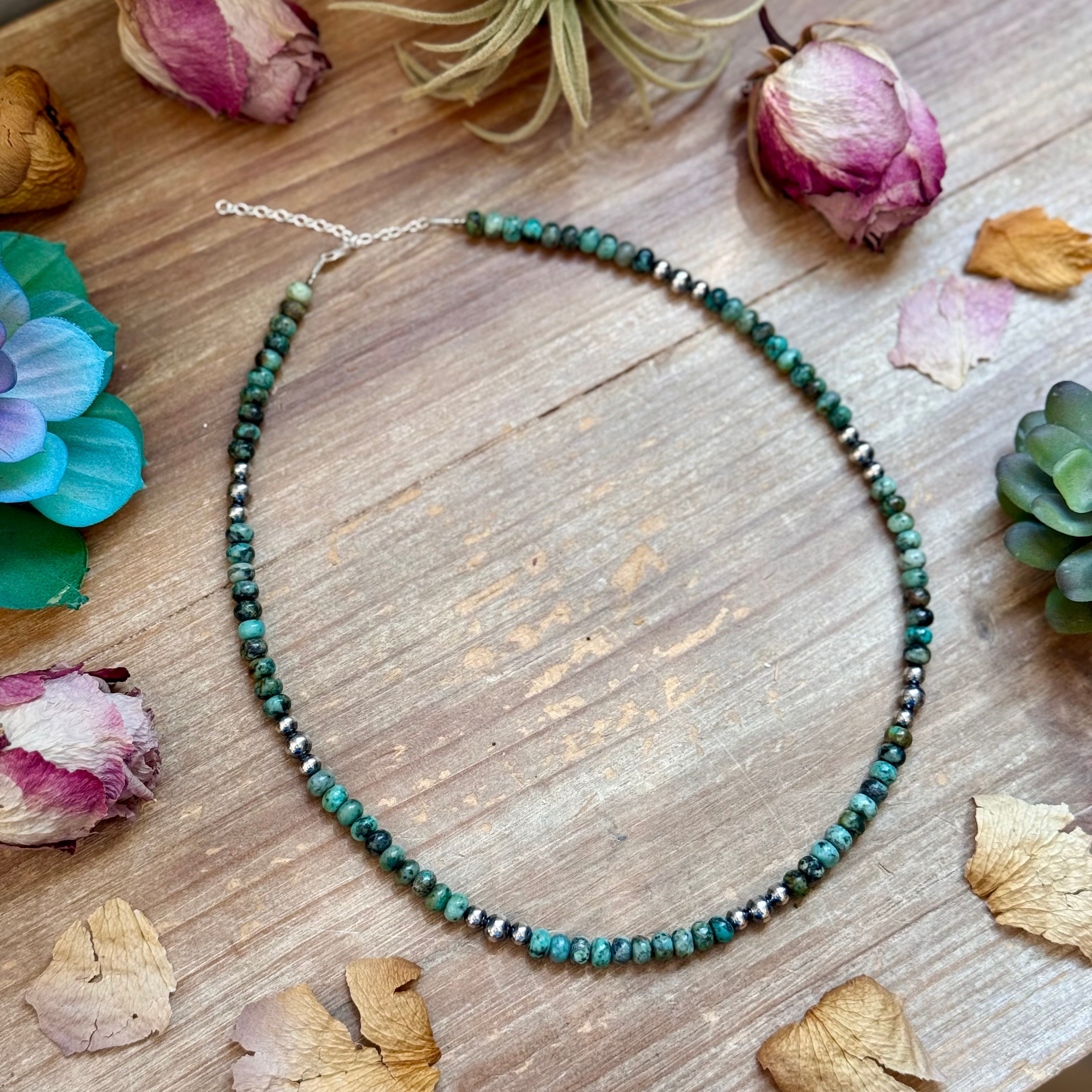 African Turquoise & Sterling Pearl Necklace 19”
