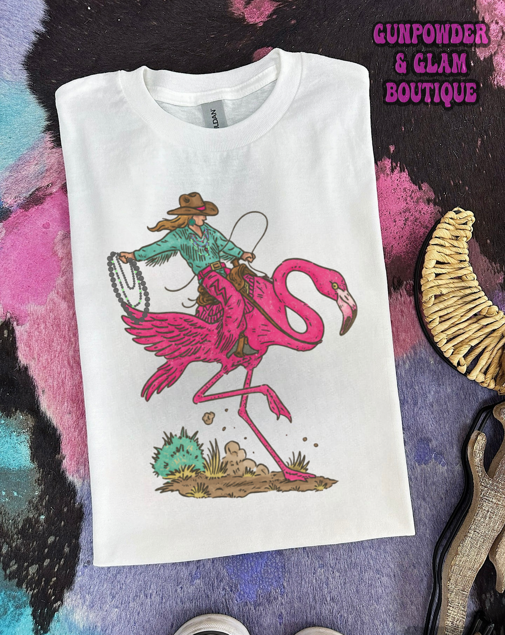 Cowgirl Flamingo Tee or Crewneck
