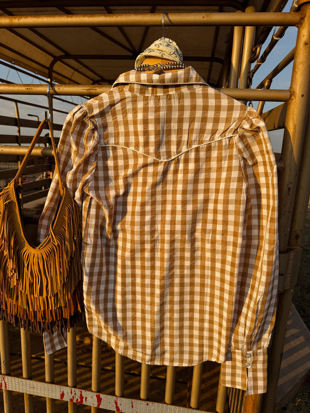 The Tan Gingham Pearl Snap Top- Extra Large