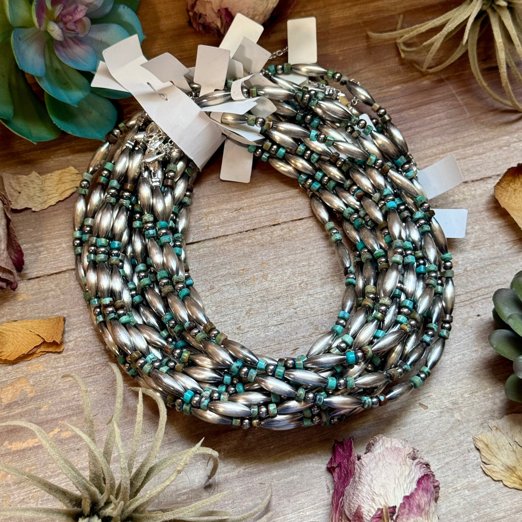 Blue-Green Turquoise Heishi & Sterling Silver Torpedo Choker