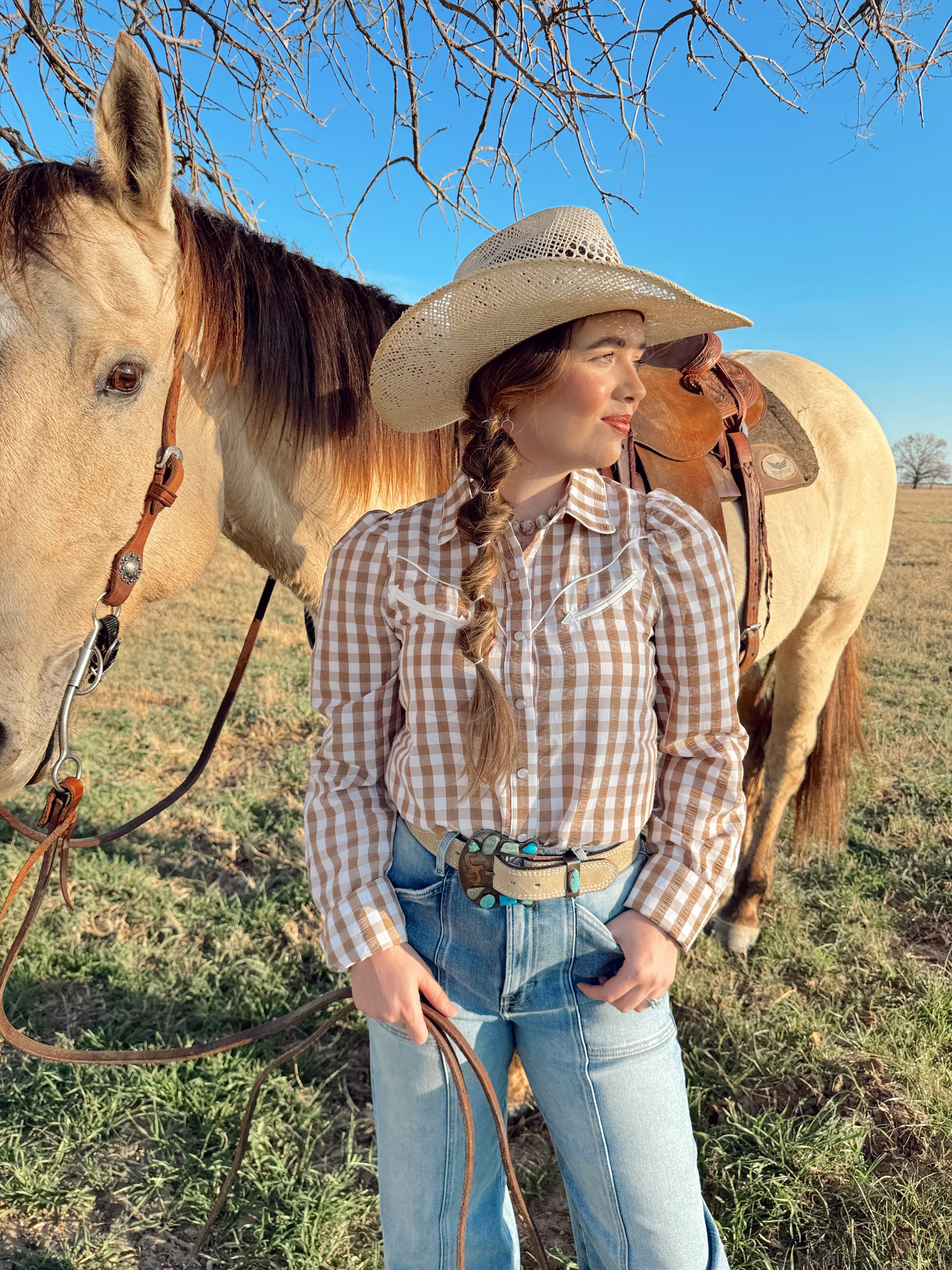 The Tan Gingham Pearl Snap Top- Extra Large