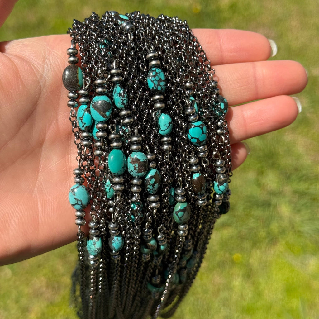 Dark Turquoise Center & Sterling Saucer Pearl Necklace 16”