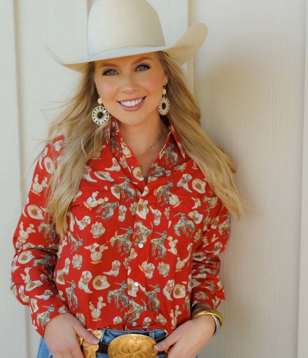 The Red Cactus Pearl Snap Top