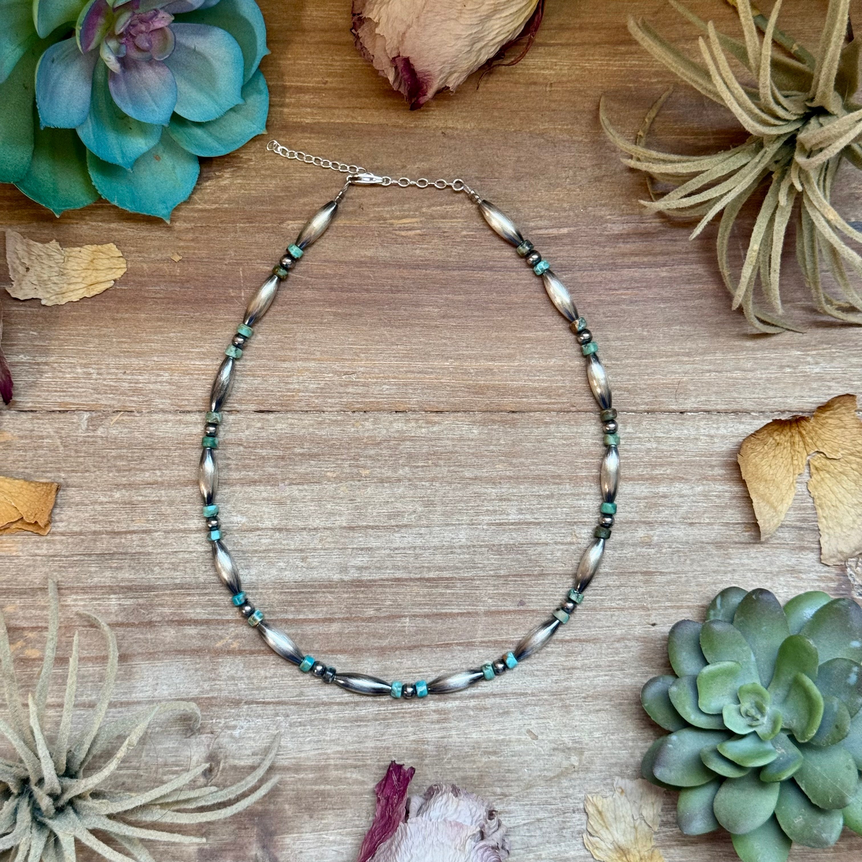 Blue-Green Turquoise Heishi & Sterling Silver Torpedo Choker